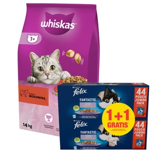 WHISKAS Adult hovězí 14 kg + Felix v želé MIX MASOsáček 44x85g 1 +1 ZDARMA