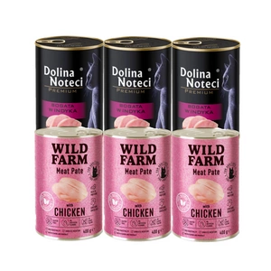 Dolina Noteci Premium s vysokým obsahem krůtího masa 3x400g + WILD FARM Pate Chicken 3x400g – bezlepkové krmivo pro kočky