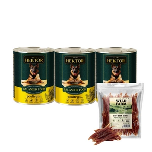 Hektor 3x1240g Drůbež + WILD FARM Měkké kachní proužky 500g pamlsky pro psy