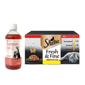 SHEBA saszetka 50x50g Fresh & Fine - mokré krmivo pro dospělé kočky v omáčce (s kuřecím masem, s drůbeží, s krůtím masem) + LAB V Lososový olej 500ml