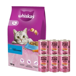 Whiskas Adult tuňák 14 kg + WILD FARM Pate Salmon 6x400g - bezlepkové krmivo pro kočky