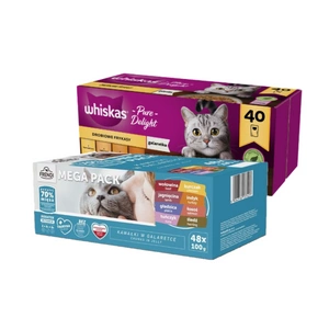 WHISKAS Adult sáčky 40 x 85 g Drůbeží hranolky - vlhké krmivo pro dospělé kočky, v želé (kousky s: kuřecím, krůtím, drůbežím, kachním) + Frendi sáčky pro kočky s masovou a rybí příchutí v želé 48x100g