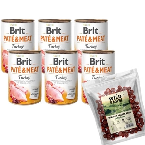 BRIT PATE & MEAT TURKEY 6x400g & WILD FARM kachní rolády 500g pamlsky pro psy