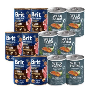 Brit Premium by Nature Jehněčí s pohankou 6x400g + Wild Farm Superfood Losos 6x400g