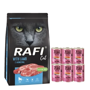 DOLINA NOTECI Rafi Cat suché krmivo pro kočky s jehněčím masem 7kg + WILD FARM Pate with Salmon 6x400g
