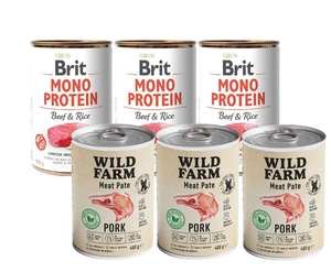 BRIT MONO PROTEIN BEEF & BROWN RICE 3x400g & WILD FARM Pate Pork 3x400g bezlepkové krmivo pro psy