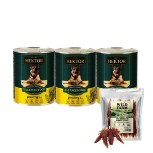 Hektor 3x1240g Drůbež + WILD FARM kachní prsní řízek na tyči 500g pamlsky pro psy