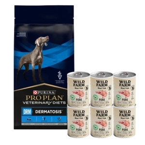 PURINA Dermatosis 12kg & WILD FARM Pate Pork 6x400g bezlepkové krmivo pro psy