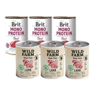 BRIT MONO PROTEIN BEEF 3x400g & WILD FARM Pate Lamb 3x400g bezlepkové krmivo pro psy