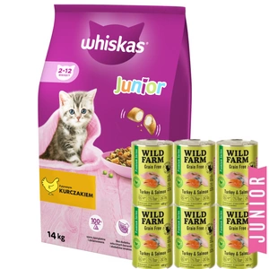 WHISKAS Junior kuře 14kg + WILD FARM Premium Grain Free Turkey and Salmon Junior 6x400g