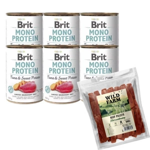 BRIT MONO PROTEIN TUNA & SWEET POTATO 6x400g & WILD FARM hovězí svíčková 500g pamlsky pro psy