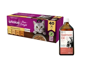 WHISKAS Adult sáčky 40 x 85 g Drůbeží hranolky + LAB V Lososový olej obohacený o vitamíny 500ml
