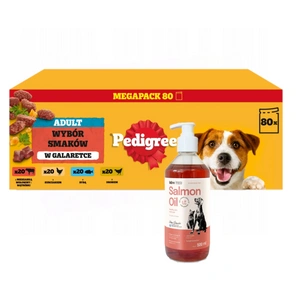 PEDIGREE® Adult Mokré krmivo pro dospělé psy, Výběr chutí v želé, sáček 80x100g + Lab-v Lososový olej 500 ml