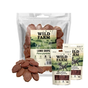 WILD FARM Jehněčí chipsy 500g pamlsky pro psy + WILD FARM jehněčí klobásky 2x80g