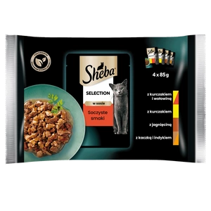 SHEBA sáček 4x85g Selection in Sauce Juicy Flavours - vlhké krmivo pro kočky v omáčce (s hovězím, s jehněčím, s kuřecím, s krůtím masem)