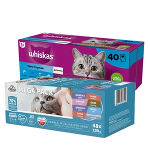 WHISKAS Adult sáčky 40 x 85 g Fishy Treats - vlhké krmivo pro dospělé kočky v želé (kousky s: lososem, tuňákem, treskou, bílou rybou) + Frendi sáčky pro kočky s rybími příchutěmi v omáčce 48x100g