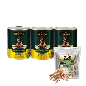 Hektor 3x1240g Drůbež + WILD FARM sendvič s kuřecím masem a treskou 500g pamlsky pro psy