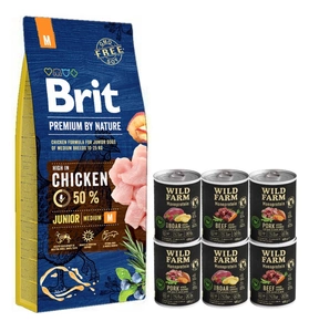 BRIT Premium By Nature Junior M 15kg & WILD FARM Monoprotein Mix chutí 6x400g hypoalergenní krmivo pro psy