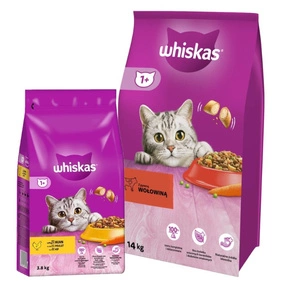 WHISKAS Adult 14kg - suché krmivo pro kočky s hovězím masem a zeleninou & WHISKAS Adult 3,8kg - suché krmivo pro dospělé kočky s lahodným kuřecím masem