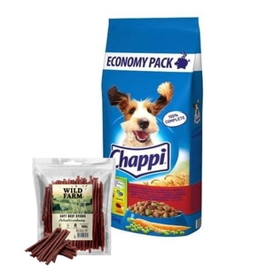 CHAPPI 13,5 kg - suché krmivo pro psy s hovězím masem, drůbeží a zeleninou + WILD FARM hovězí tyčinky 500g