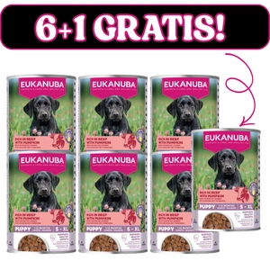 EUKANUBA Mokré krmivo pro štěňata, bohaté na hovězí maso a dýni 6x400g + 400g Gratis