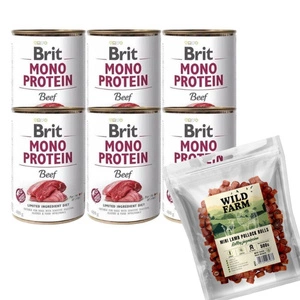 BRIT MONO PROTEIN BEEF 6x400g & WILD FARM 500g jehněčí rolky pro psy