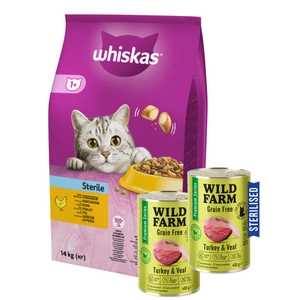Whiskas Adult Sterile kuře 14 kg + WILD FARM Premium Grain Free Turkey and Teleal 2x400g
