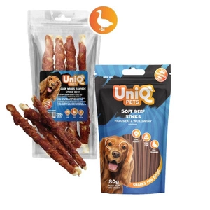 UNIQ PETS psí pamlsky 320 g Dlouhá tyčinka z hovězí kůže s kachnou 28 cm & UNIQ PETS pamlsky pro psy 80 g tyčinky z hovězího masa