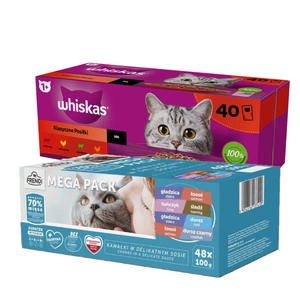 Whiskas Klasické pokrmy kuře hovězí jehně drůbež ve šťávě 40 x 85 g +  Frendi sáčky pro kočky s rybími příchutěmi v omáčce 48x100g