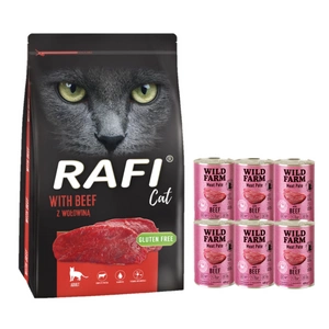DOLINA NOTECI Rafi Cat suché krmivo pro kočky s hovězím masem 7kg + WILD FARM Pate with Beef 6x400g