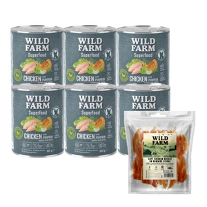 WILD FARM Superfood Chicken (kuře s dýní, jablkem a bylinkami) 6x800g krmivo pro psy bez obilovin + Kuřecí prsní řízek na tyčince 500g