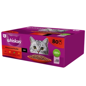 WHISKAS Adult 80 x 85 g Classic Meals - kapsičky pro kočky v omáčce (kousky s: hovězím, kuřecím, jehněčím, drůbežím)