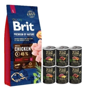 BRIT Premium By Nature Adult L 15kg & WILD FARM Monoprotein Mix chutí 6x400g hypoalergenní krmivo pro psy