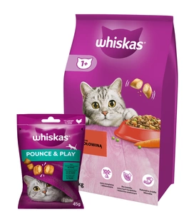 WHISKAS Adult hovězí 14 kg + WHISKAS Energy and Vitality 45g pamlsek pro kočky, s kuřecím masem