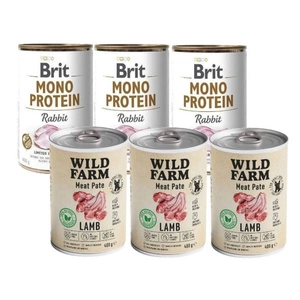 BRIT MONO PROTEIN RABBIT 3x400g & WILD FARM Pate Lamb 3x400g bezlepkové krmivo pro psy