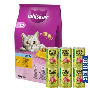 Whiskas Adult Sterile kuře 14 kg + WILD FARM Premium Grain Free Lamb and Tuna 6x400g