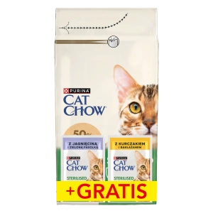 PURINA Cat Chow Sterilised Krmivo bohaté na kuřecí maso 1,5 kg + 2 sáčky ZDARMA