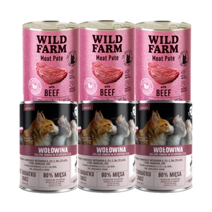 PetRepublic kousky v omáčce s hovězím masem 3x400g + WILD FARM Pate Beef 3x400g - bezlepkové krmivo pro kočky