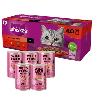 Whiskas Klasické pokrmy kuře hovězí jehně drůbež ve šťávě 40 x 85 g + WILD FARM Pate 5x400g MIX