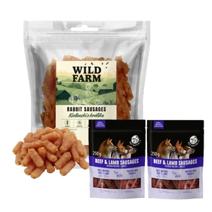 PetRepublic pamlsek hovězí a jehněčí klobásky pro psy 500 g + WILD FARM klobásky z králíka 500 g