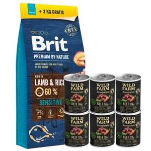 BRIT Premium By Nature Sensitive Lamb 18kg + Wild Farm Monoprotein Beef 6x400g