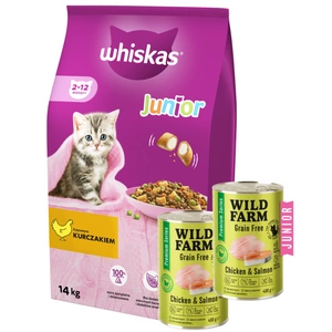WHISKAS Junior kuře 14kg + WILD FARM Premium Grain Free Chicken and Salmon Junior 2x400g