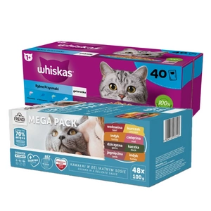 WHISKAS Adult sáčky 40 x 85 g Fishy Treats - vlhké krmivo pro dospělé kočky v želé (kousky s: lososem, tuňákem, treskou, bílou rybou) + Frendi sáčky pro kočky s masovou příchutí v omáčce 48x100g