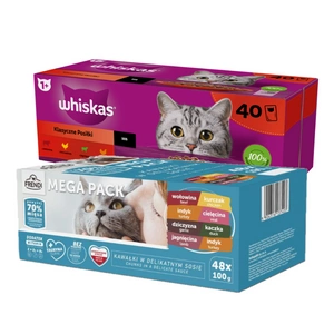 Whiskas Klasické pokrmy kuře hovězí jehně drůbež ve šťávě 40 x 85 g + Frendi sáčky pro kočky s masovou příchutí v omáčce 48x100g