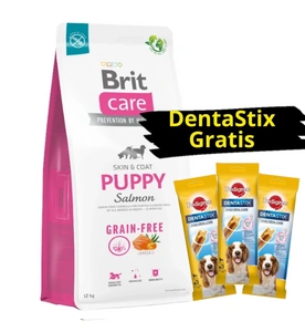 BRIT CARE Dog Grain-free Puppy Salmon 12kg + 3x DentaStix GRATIS