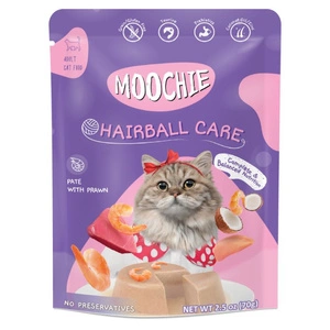 MOOCHIE Hairball Control With Prawn 70g podporuje trávení a pomáhá kontrolovat a redukovat chomáče chlupů.