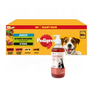 PEDIGREE® Adult Mokré krmivo pro dospělé psy, Výběr chutí v omáčce, 80x100g + Lab-v Lososový olej 500 ml