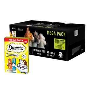 PetRepublic mokré krmivo pro kočky v jemné omáčce MIX s příchutí masa a ryb 48x85g & DREAMIES Creamy s kuřecím masem a lososem 12x10g