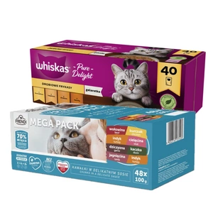 WHISKAS Adult sáčky 40 x 85 g Drůbeží hranolky - vlhké krmivo pro dospělé kočky, v želé (kousky s: kuřecím, krůtím, drůbežím, kachním) + Frendi sáčky pro kočky s masovou příchutí v omáčce 48x100g