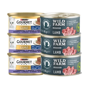 Purina Gourmet Gold pěna s jehněčím masem 3x85g + WILD FARM Mousse Lamb 3x85g - pěna pro kočky bez obilovin